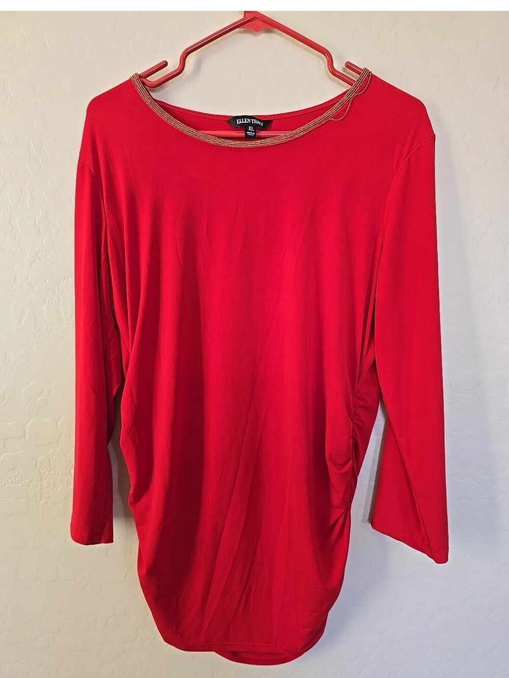Ellen Tracy Rusched Red Long-Sleeve Boatneck Top/ Tunic with Beaded Trim Size XL